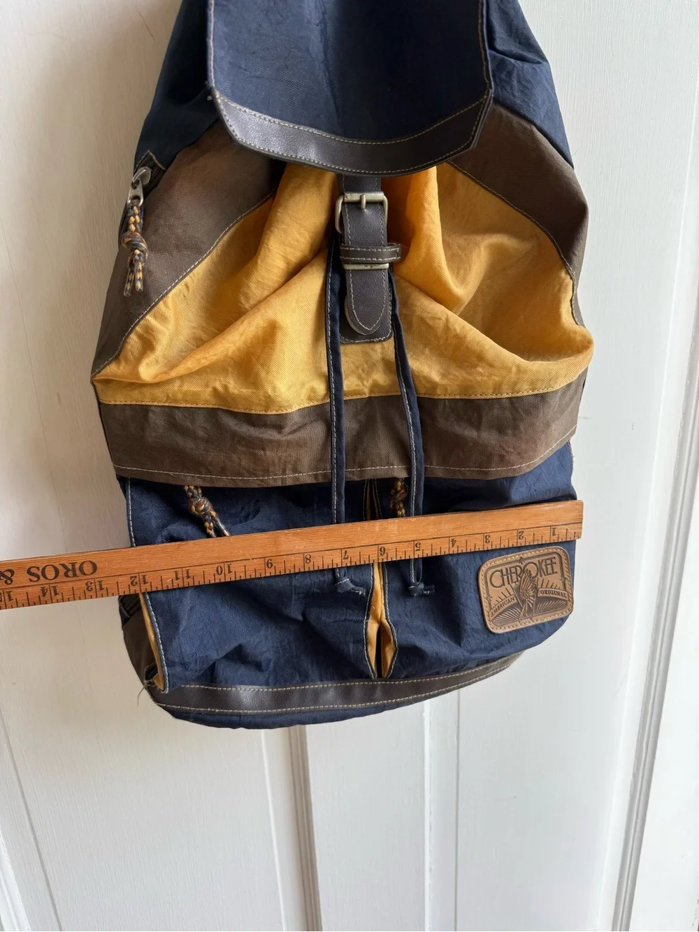 Cherokee Vintage 90s Navy, Mustard & Brown Canvas Roll-Top Backpack